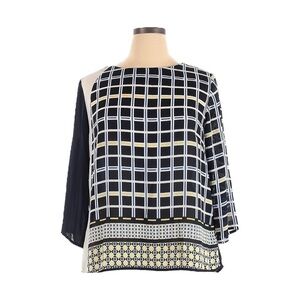 🌺 Madison Paige Navy Geometric Print Blouse 1X Pleated Back Lightweight